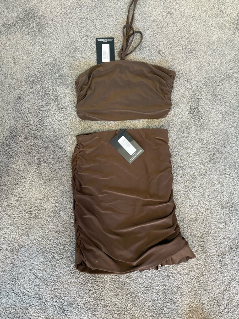 PrettyLittleThing Brown Ruched Mini Skirt Set
